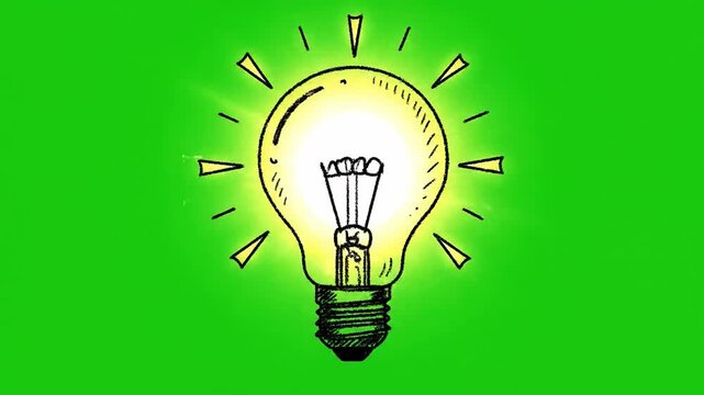Hand drawn lightbulb animation on green screen symbolizing creative inspiration and business ideas