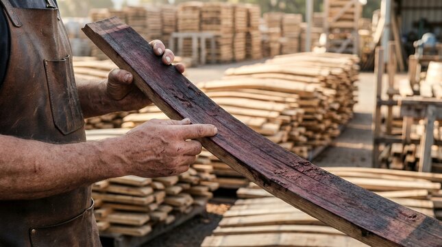 Cooper inspecting oak wine barrel stave. Artisan craftsman checking wood quality in workshop.