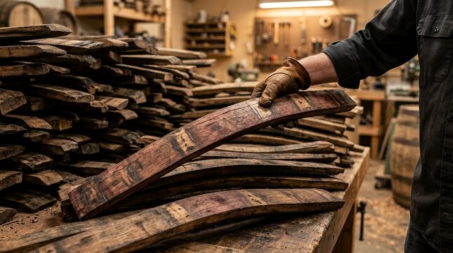 Craftsman selecting oak barrel stave in workshop. Cooper inspecting aged wood for wine casks.