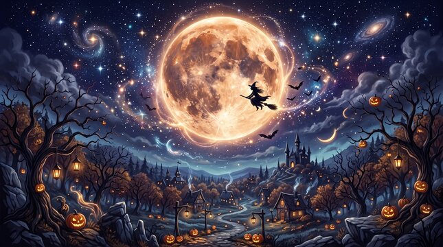 Halloween Night Scene with Full Moon and Flying Witch.