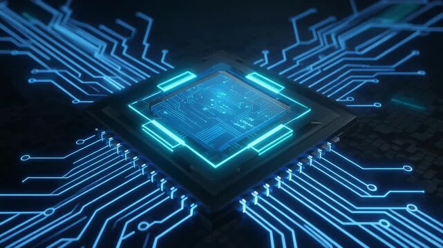 Close up view of futuristic glowing microchip and circuit board technology with blue neon lights