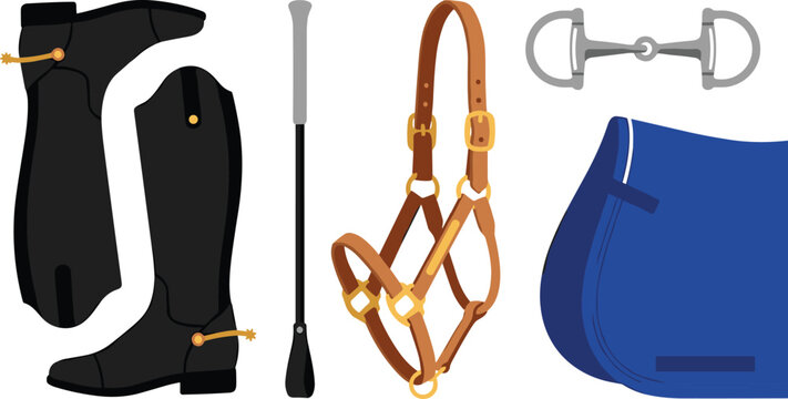 Equestrian riding equipment collection featuring tall riding boots, horse halter, snaffle bit, riding crop, and saddle pad flat vector illustration