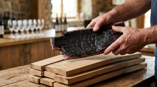 Winemaker inspecting charred oak barrel stave. Artisan checking wood quality for wine aging.