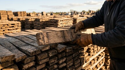 Obraz premium Worker stacking oak barrel staves. Artisan preparing wood for traditional wine aging process.