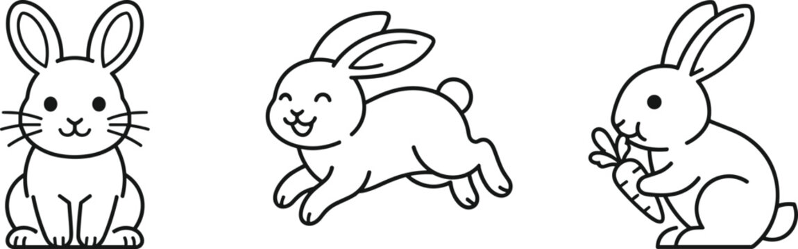 Cute Easter bunny line art icon bundle featuring front sitting rabbit, running playful hare, and bunny eating carrot