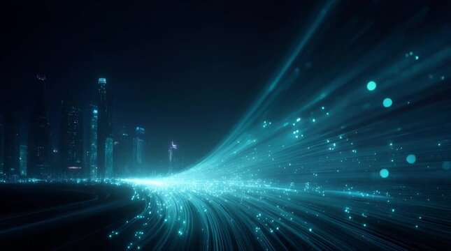 Neon blue cyber city nightscape with high-speed fiber optic data streams and technology flow (AI Generated)