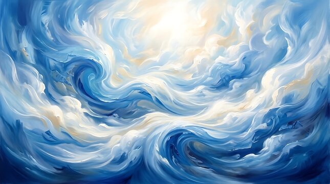 Abstract blue and white waves with bright light, flowing cloud-like swirls