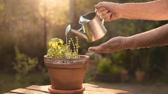 Hands watering potted herbs with a metal watering can in warm sunlight garden setting