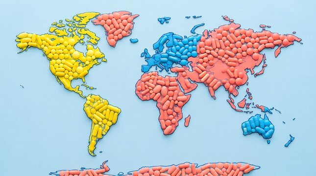 Colorful pills arranged as a world map. Global medicine distribution and healthcare concept.