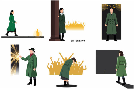 Flat vector illustration set depicting the emotion of bitter envy and social isolation through a woman's perspective