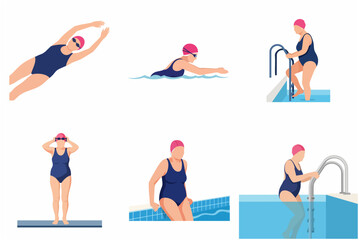 Obraz premium Set of senior woman swimming and exercising in the pool, elderly healthy lifestyle concept illustration