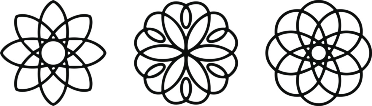 Abstract symmetrical geometric floral spirograph patterns with overlapping curved lines for modern design