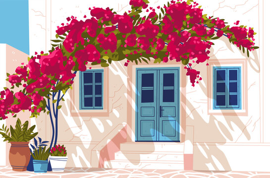 Traditional Greek door Greece Mediterranean architecture white house blue windows potted plants vibrant bougainvillea flowers sunny courtyard