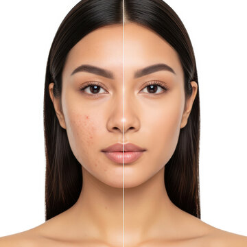 A woman's face is shown with a split comparison of natural and made up features.