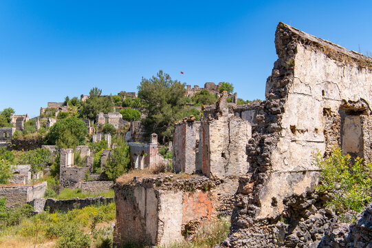 Abandoned ghost village of Kayak&ouml;y with ruined stone houses in Fethiye, Turkey