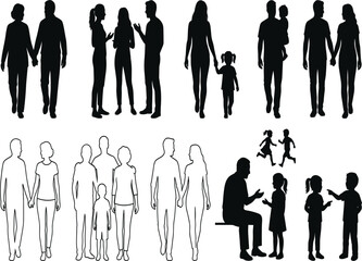 Set of various black and white people silhouettes featuring families, couples, and children vector illustration