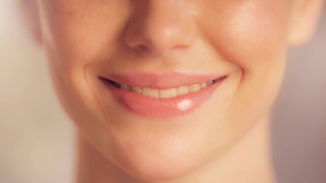 Close up of happy woman smiling with healthy teeth and natural skin in soft light