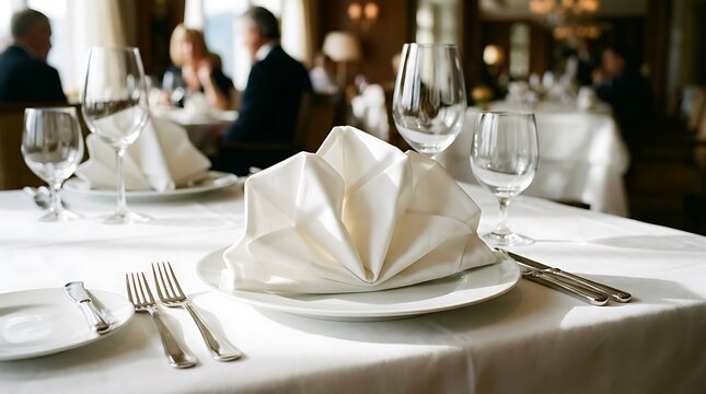 Elegant place setting at a fine dining restaurant, with plates, cutlery, and folded napkins on a white tablecloth, waiting for guests.