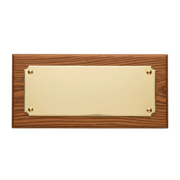 A wooden plaque with a gold nameplate on a white background.