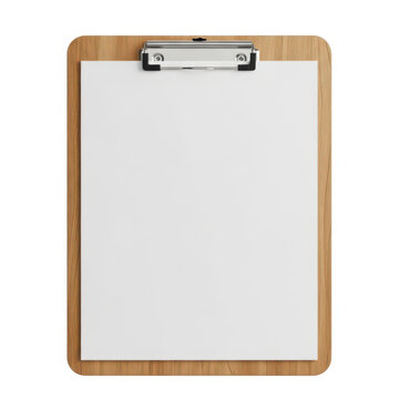 A blank clipboard with a wooden frame and silver clip on a white background.