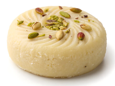 A single Peda, round flattened Indian milk sweet with pistachio garnish