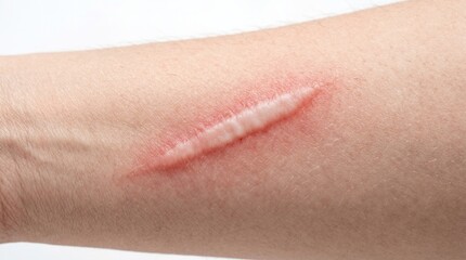 Fototapeta premium Close up macro view of raised pink hypertrophic scar or keloid incision lesion on human forearm skin
