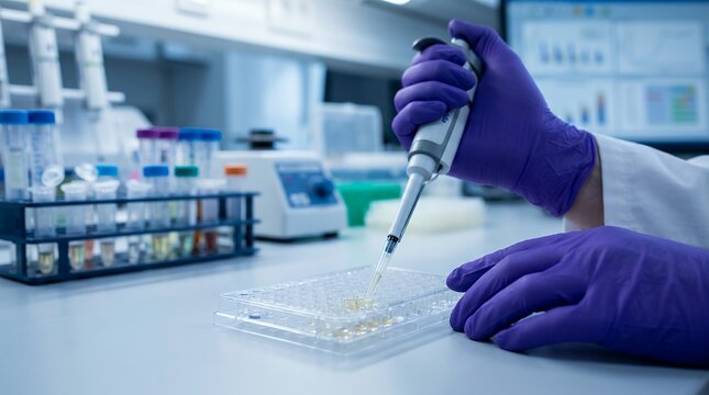 Scientist using micropipette in laboratory. Medical researcher performing clinical analysis.