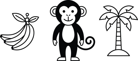 Monkey banana and palm tree vector illustration set featuring modern minimalist cute jungle animal icons isolated on white background