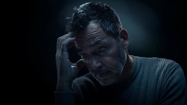 Middle aged man feeling stressed and tired with closed eyes and hand on forehead in dark moody lighting