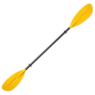A yellow kayak paddle with a black shaft against a white background.
