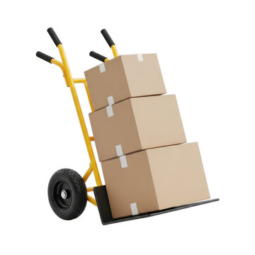 A yellow hand truck loaded with four large cardboard boxes on a white background.