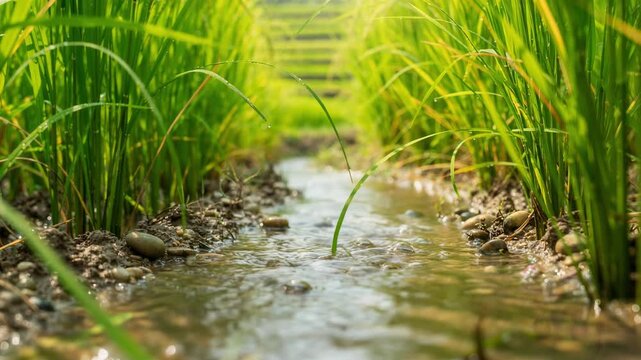 Close up of green rice plants growing in a flooded paddy field with flowing water and natural sunlight