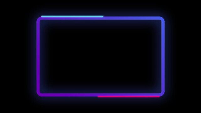 Neon glowing rectangle frame with moving light trail, animated border loop on black background