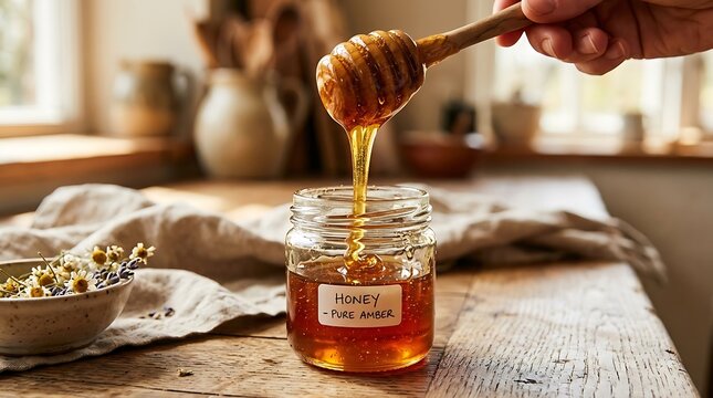 Golden honey dripping from a wooden dipper into a jar on rustic table