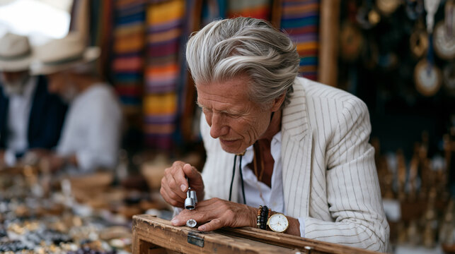 Seasoned jewelry appraiser leans over a worn wooden stall in a vibrant open air market examining gemstone facets with a loupe, colorful woven textiles and handcrafted trinkets