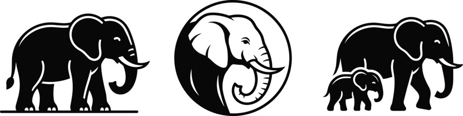 Elephant vector illustration set featuring modern minimalist circular family wild safari mammal and cute calf icons © MdAlom