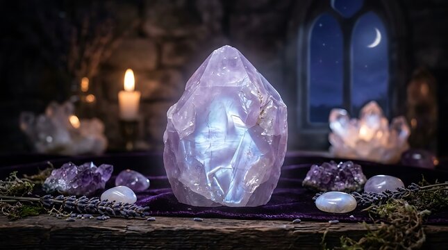 Large glowing amethyst crystal on purple velvet table at night with moon