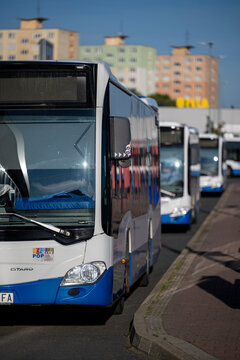 Poprad, Slovakia - July 25, 2026: City buses parked at the main bus station.