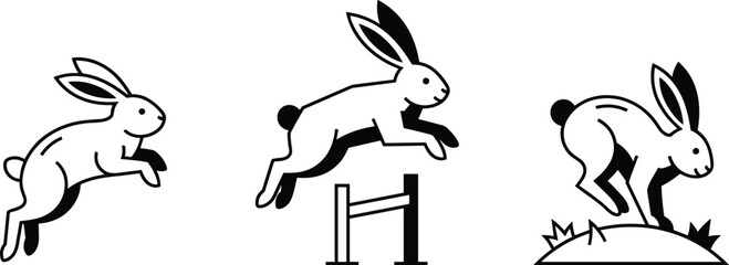 Jumping hare vector illustration set featuring modern minimalist fast racing rabbit hurdle icons isolated on white background © nice