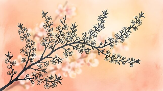 Sakura cherry blossom branch ink sketch on pink watercolor background.