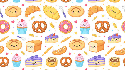 Naklejka premium Colorful cartoon food items with happy faces arranged in playful repeating pattern design