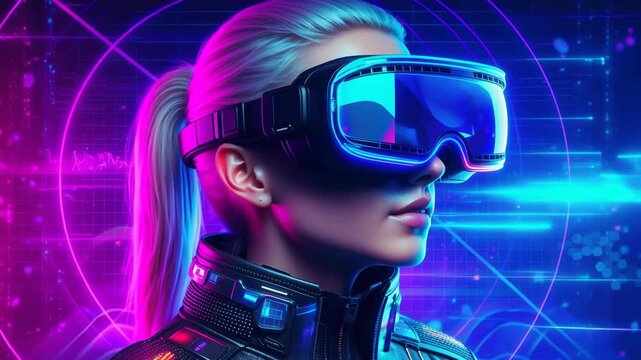 Futuristic woman wearing virtual reality headset with neon lights and digital interface background