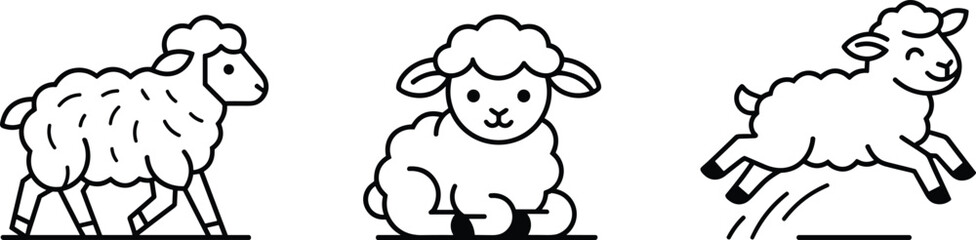 Sheep vector illustration set featuring modern minimalist cute jumping lamb and fluffy domestic farm animal icons © MSTNAJMA