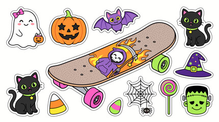 Set of cute halloween stickers featuring a skateboard ghost pumpkin bat black cat witch hat spider web candy and frankenstein monster © Ashok