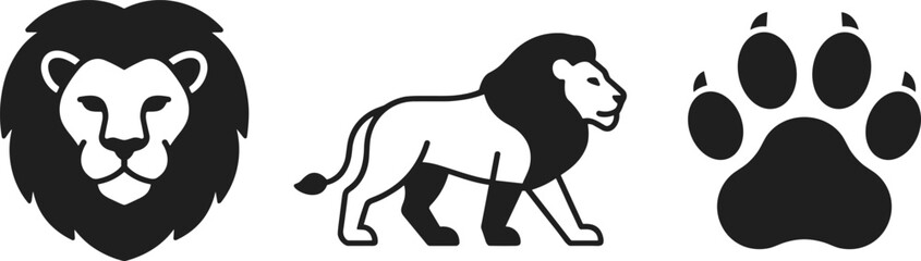Lion vector illustration set featuring modern minimalist wild predator head mane and paw print safari icons © MSTNAJMA
