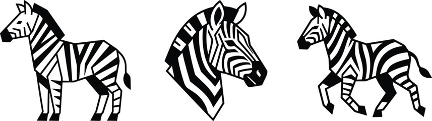 Geometric zebra vector illustration set featuring modern abstract tribal safari animal icons isolated on white background © MdAlom