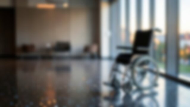 Blurred wheelchair in modern hall background for disability inclusion