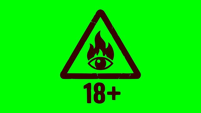 18 plus warning sign vector animation featuring a flaming eye symbol inside a triangle and red blinking light effect on a green screen chroma key background