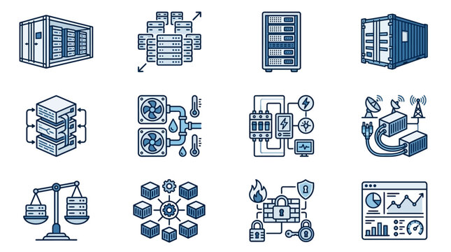 Clean Illustrated Icons of Modern Data Center Infrastructure Security and Management Components in Blue and Gray