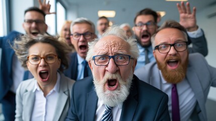 Obraz premium People are gathered in an office space, expressing excitement and shouting. A mix of men and women are dressed in business attire. The atmosphere is lively and full of energy